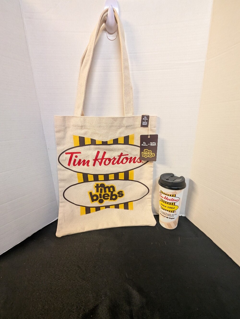 New Tim Hortons Timbiebs Tote Bag, Hamilton Tumbler Travel Mug Cup Thermos Lot